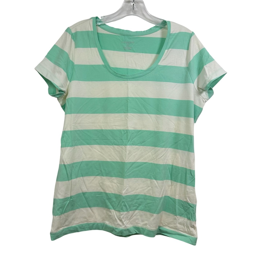 Lands End Womens Large Petite Mint Green White Striped Scoop Neck Tee Shirt